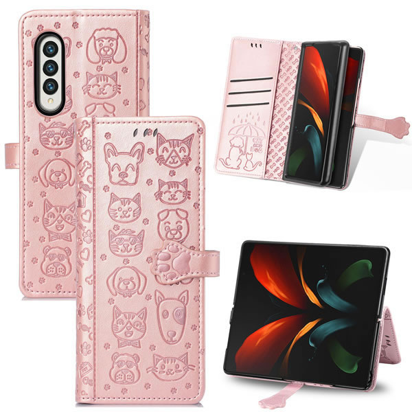 Samsung Galaxy Z Fold4 5G Cat Dog Pattern Embossed Wallet Case Rose Gold