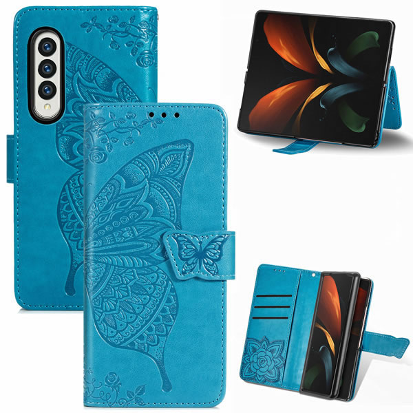 Samsung Galaxy Z Fold4 5G Butterfly Pattern Embossed Wallet Case with Card Slots Blue