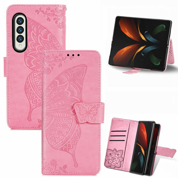 Samsung Galaxy Z Fold4 5G Butterfly Pattern Embossed Wallet Case with Card Slots Pink